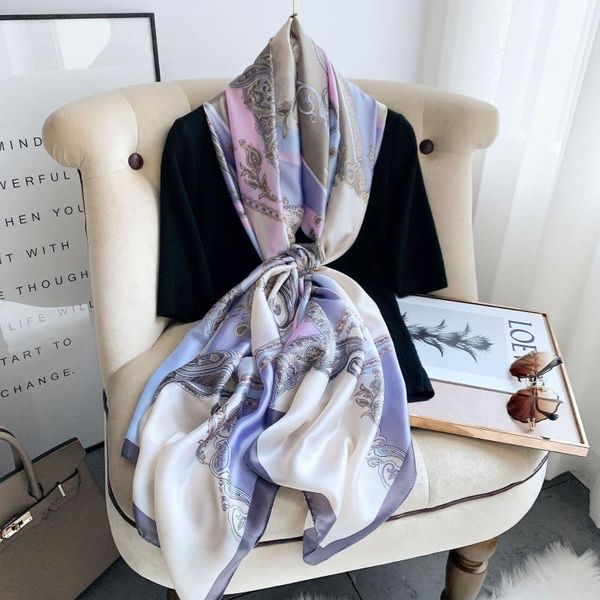 

scarves women silk autumn winter scarf luxury design print lady beach sunscreen shawl fashion smooth foulard female hijab, Blue;gray