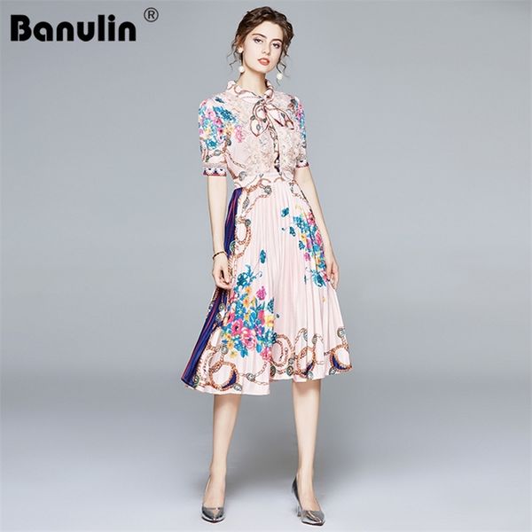 

banulin summer fashion designer pleated dress women short sleeve lace patchwork floral print vintage female midi 210603, Black;gray