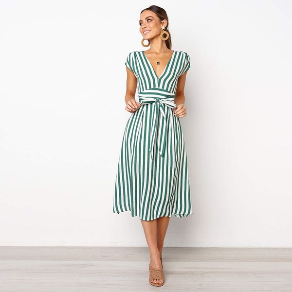 

qrwr summer women dress 2021 striped v ne high waist elegant ladies dresses knee length casual party midi dress women, Black;pink