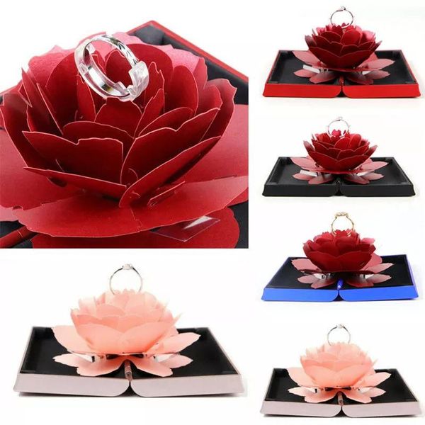 

gift wrap beautiful 3d up rose ring box wedding engagement jewelry storage rectangular proposal rotating flower