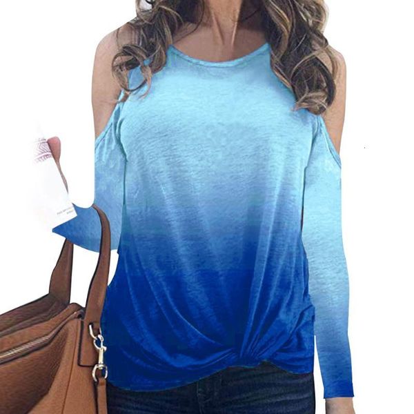 

women's t-shirt loose casual cold shoulder daily irregular spring autumn gradient color street women t-shirt party crew neck long slee, White