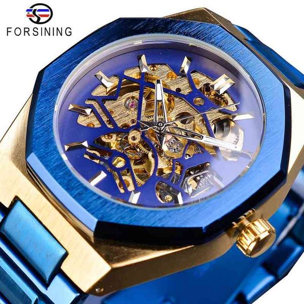 

clocks human researching fashion mechanical automatic male clock blue rvs waterproof business skeleton erkek kol saati, Slivery;brown