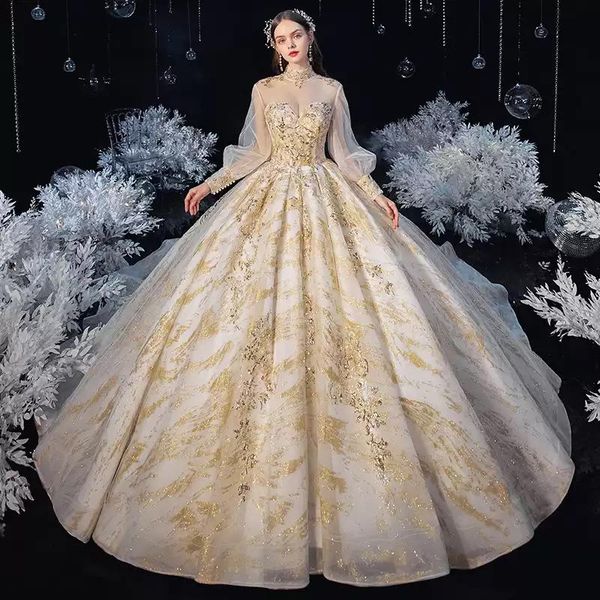 

other wedding dresses illusion high full sequined pearls beading backless tulle lace train luxury champagne women bridal gown gb379, White