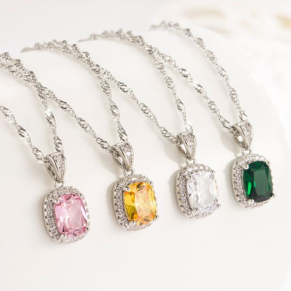 

fashion necklace women's simple gem pendants micro inlaid square pendant new clavicle chain necklaces jewelry, Silver