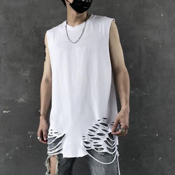 

men summer ripped hole vintage punk tank street hip hop vest man oversized long sleeveless shirt, White;black