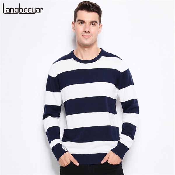 

autumn winter fashion brand clothing men knitted sweater thick stripes slim fit pullover men 100% cotton o-neck sweaters for men 210804, White;black