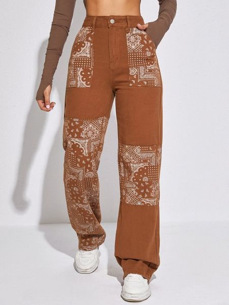 

high waist paisley print wide leg jeans e25j#, Blue