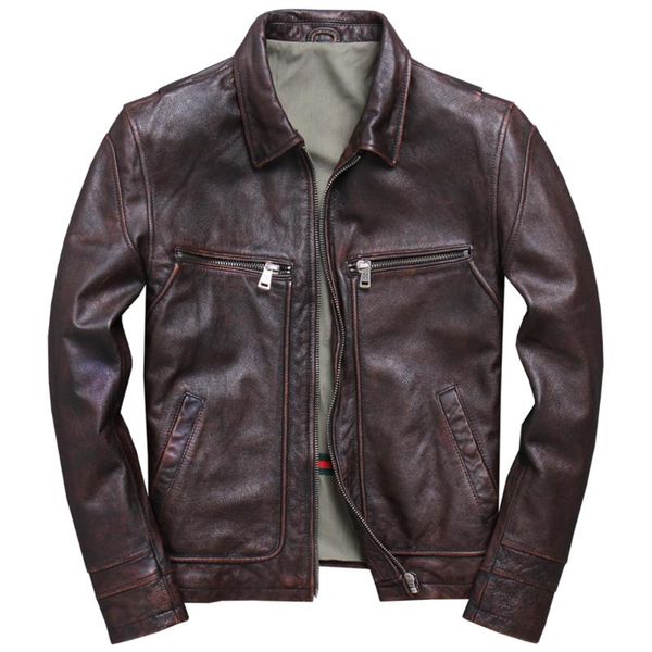 

men's leather & faux 100% cowhide coat automotive jackets man real biker men zipper genuine winter autumn old fashion streetwear, Black