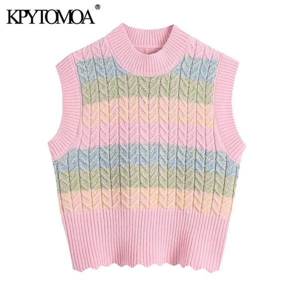 

women sweet fashion color striped cropped knitted vest sweater vintage sleeveless female waistcoat chic 210420, Black;white