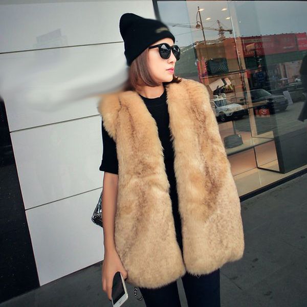 

blends autumn winter women elegant faux vests sleeveless fake jackets v-neck medium long imitation fur waistcoat a300, Black