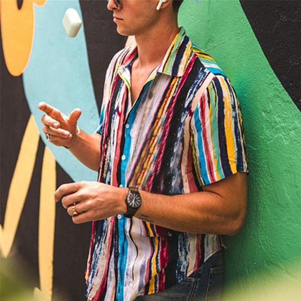 

men's casual shirts summer short sleeve hawaiian beach color geometric striped flower shirt men 2021, White;black
