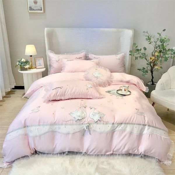 

bedding sets luxury pink super soft breathable tencel princess set white swan embroidery lace edge duvet cover bed linen pillowcases