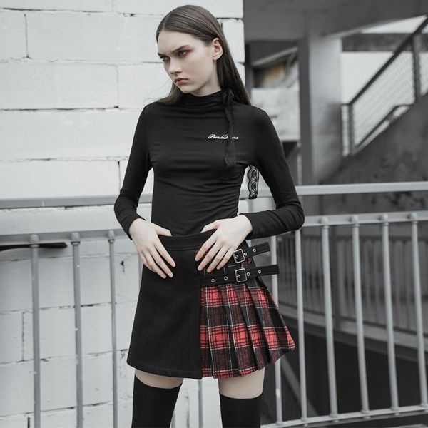 

skirts punk rave women's coloured checked folded half skirt with button loop personality casual, Black