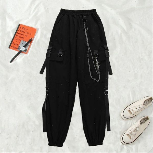 

emo cargo punk rock women pant streetwear harajuku joggers chain trousers, Black;white