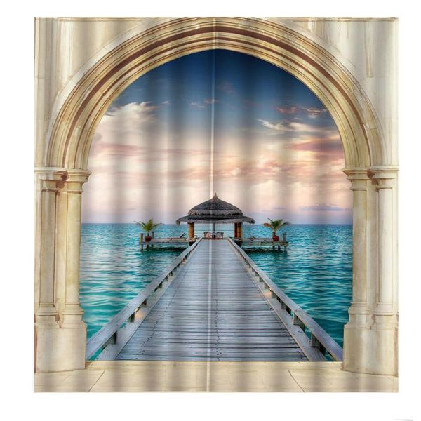 

modern natural scenery 3d blackout curtain arches, sea, wooden bridge for living room custom po printing drapes home decor &
