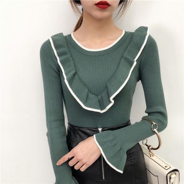 

women's sweaters korean style chic sweet flare sleeve knit pullovers o-neck ruffles patchwork slim bottomed sweater autumn winter elega, White;black
