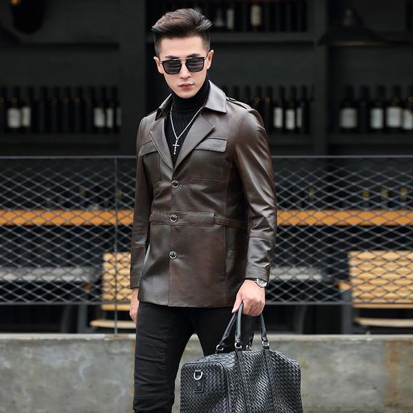 

men's leather & faux jacket suit collar bronze long spring and autumn, Black