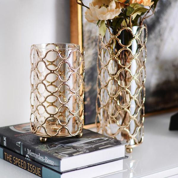 

vases luxurious cross texture golden metal vase ornaments dried flower arrangement glass home decor jarrones decorativos moderno