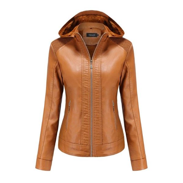 

women's leather & faux lady's hooded coats autumn winter long sleeve hat detachable thickened fleece pu jacket, Black