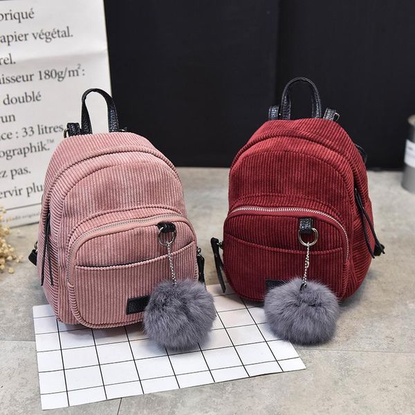 

outdoor bags girl mini backpack ladies pompom ball solid color corduroy small autumn and winter youth travel