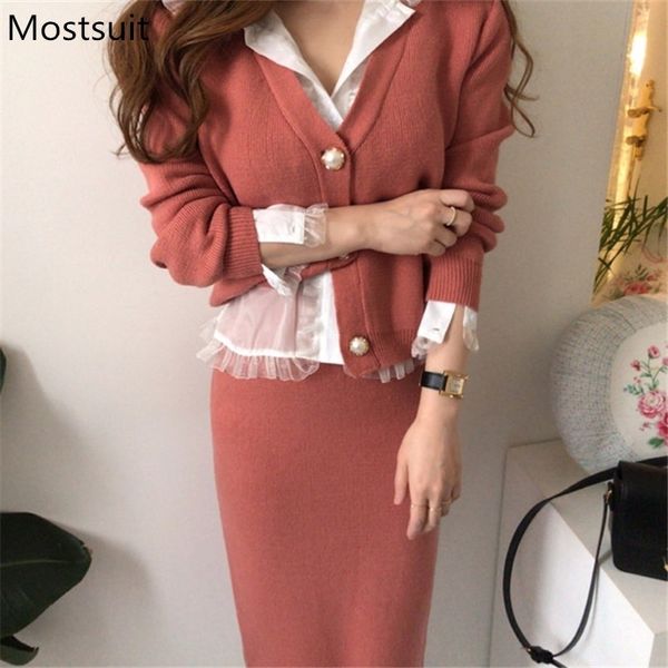 

korean vintage elegant two piece sets women v-neck cardigan + high waist skirt suits fashion ladies outfits mujer 210518, White