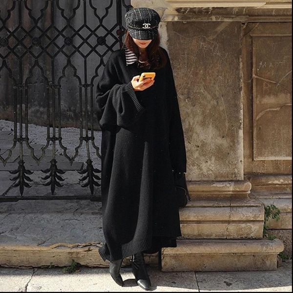

vintage v neck black womens dress sweater winter long knitted loose maxi oversize robe vestidos, Black;gray
