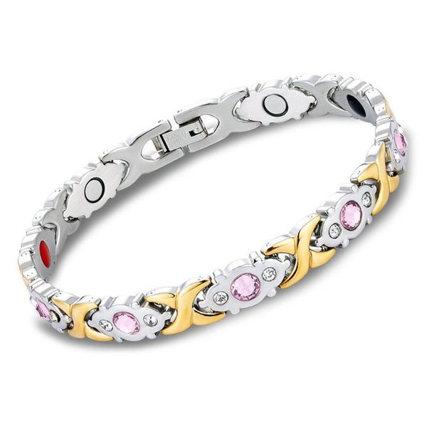 

trendcy fashion womens titanium stainless steel magnetic bracelet rhinestone health care gift crystal hollow fashion bangle, Golden;silver
