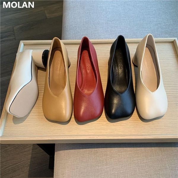 

dress shoes good leather molan brand design 2021 autumn korean fashion shallow square toe high heel women pumps retro shoe office casual, Black