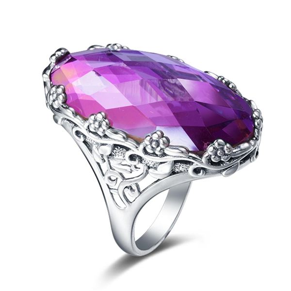 

retro handmade charming flower ring big stone pink crystal women wedding jewelry 925 sterling silver engagement ring bague femme, Black