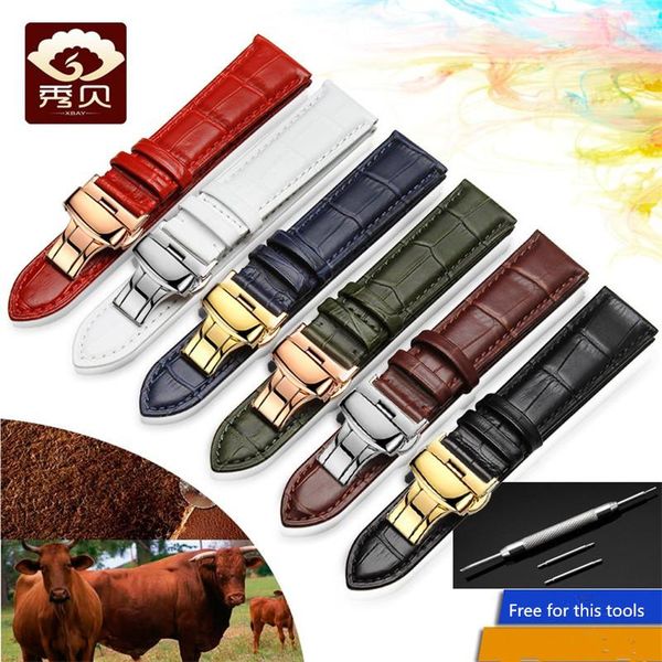 

watch bands model cow leather strap white/green/red/navy blue genuine watchband with butterfly buckle 12-24mm stock men&women, Black;brown