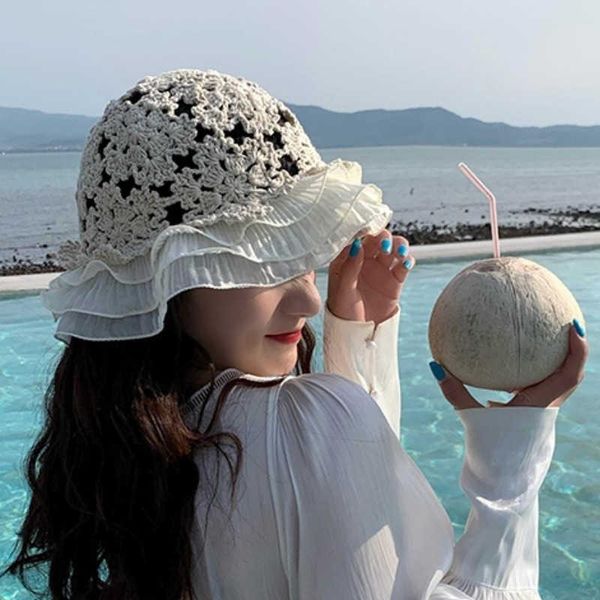 

caps & hats korean style cute sunscreen hollow sports riding hat knitted ruffled beach sunshade fisherman summer for women, Yellow