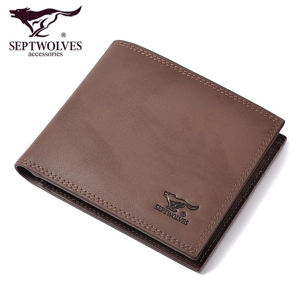 

septwolves fashion luxury men wallets genuine leather short slim bifold wallet business male pocket purse, Red;black