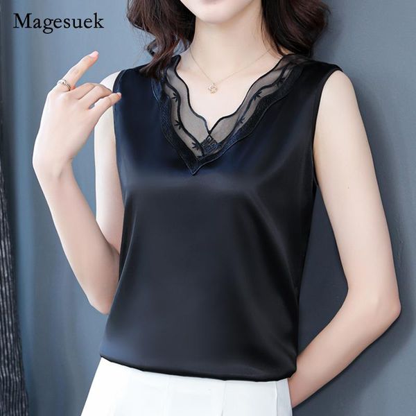 

women's blouses & shirts silk 2021 summer plus size women blouse solid embroidery v-neck lace satin for elegant loose tanks blusa 1486, White