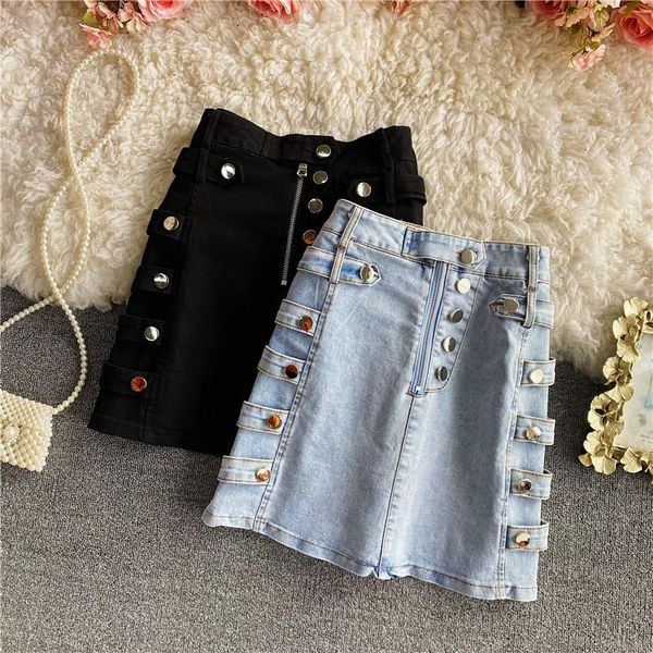 

skirts 2021 spring and summer fashion slim high waist wild breasted a-line denim skirt korean, Black
