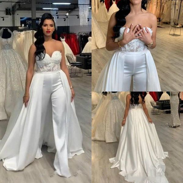 Cetim de renda mulheres vestidos de casamento macacão com saia removível strapless abiye bride vestidos terno