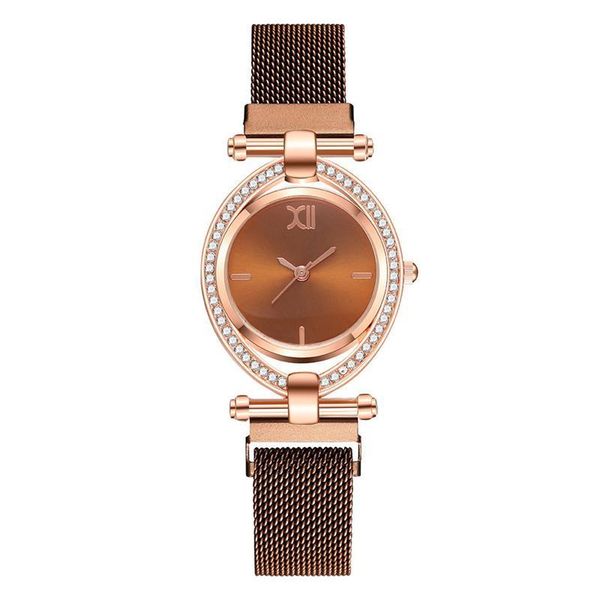 

luxury fashion magnetic buckle watches women qualities diamond spin quartz watch mesh strap ladies wristwatches stainless steel, Slivery;brown