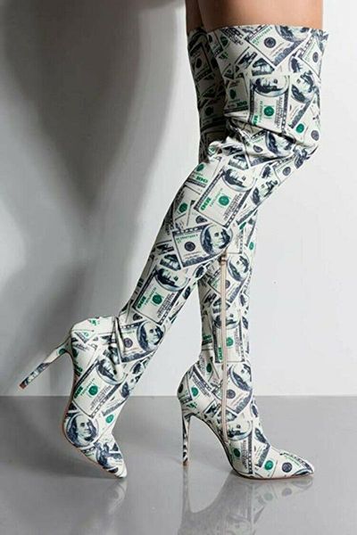 

boots oeing hundret dollar money print women pointed toe thigh high stiletto big shoes, Black