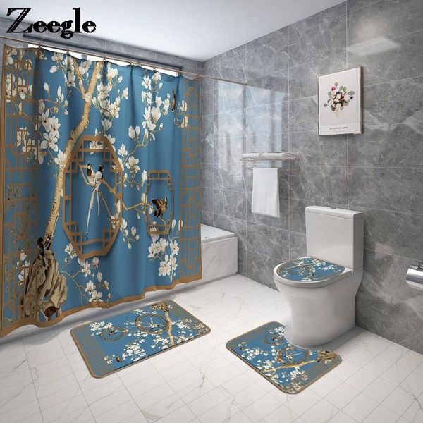 

bath mats zeegle 3d printing mat and shower curtain 4-piece set bathroom carpet flannel anti-slip toilet seat cover foot rugs
