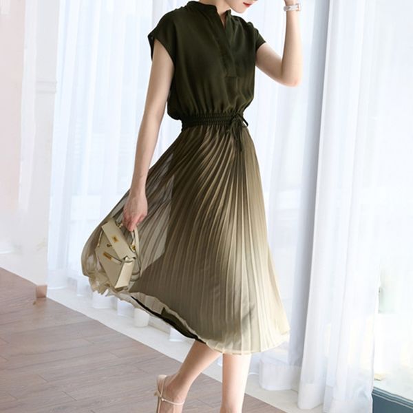 

summer japanese style temperament pleated gradient thin lace tight womens dress v-neck sleeved korean fashion size xl, Black;gray