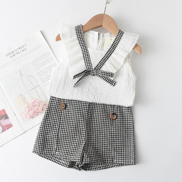 

clothing sets girls clothes set summer kids suit sleeveless chiffon bow vest+plaid shorts 2pcs outfit casual children 2021, White