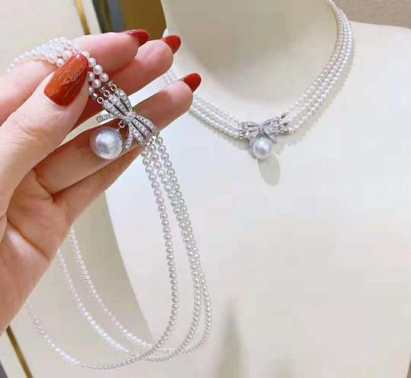 

chains hand knotted 3 rows 40-43cm white nearly round freshwater pearl bowknot micro inlay zircon necklace nechlace, Silver