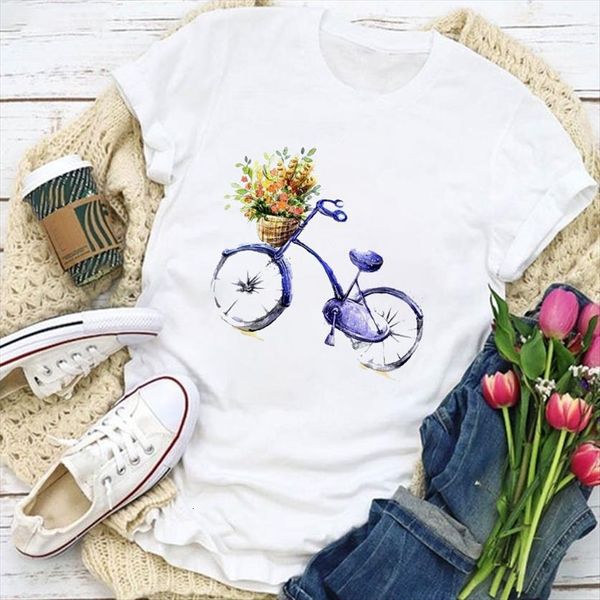 

aesthetic car and flower graphic women print white harajuku short sleeve round neck