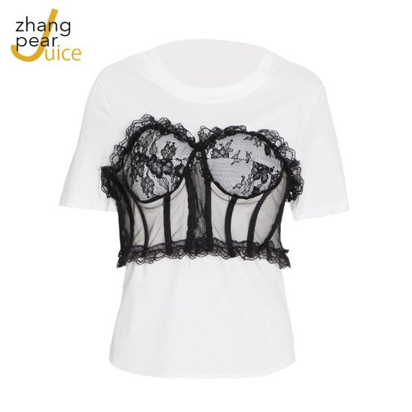 

women's t-shirt women fashion summer white and black patchwork lace lady o neck casual short sleeve t shirt tee