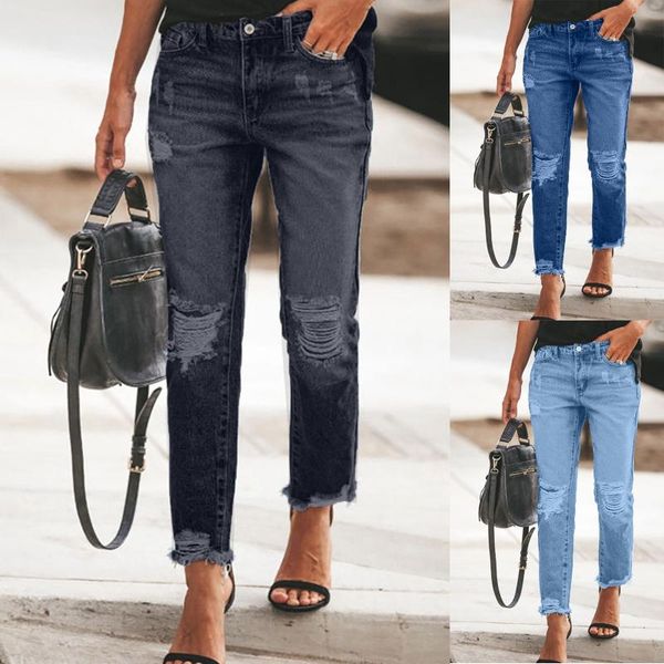 

women's jeans fashion straight-leg ripped womens pure color hole high waist cowboys pants retro long loose wide leg, Blue