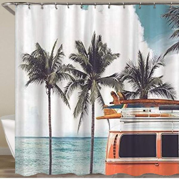 

shower curtain,hawaii colorful bus palm tree wavy ocean surface,polyester fabric waterproof bath curtains hooks included - 72 x