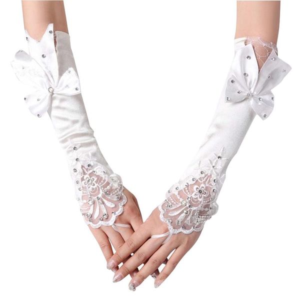 

bridal gloves white finger bowknot pearls formal wedding