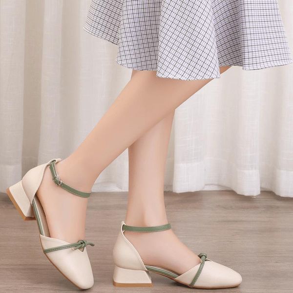 

summer fashionable comfortable women's sandals one-word buckle round toe solid color casual square heels high, Black
