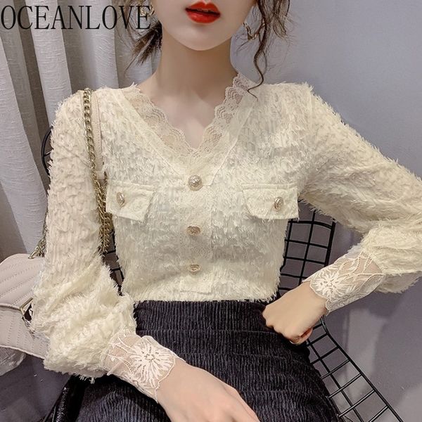 

v neck lace ol women blouses solid tassel spring lantern sleeve blusas fashion korean ins shirt 14743 210415, White