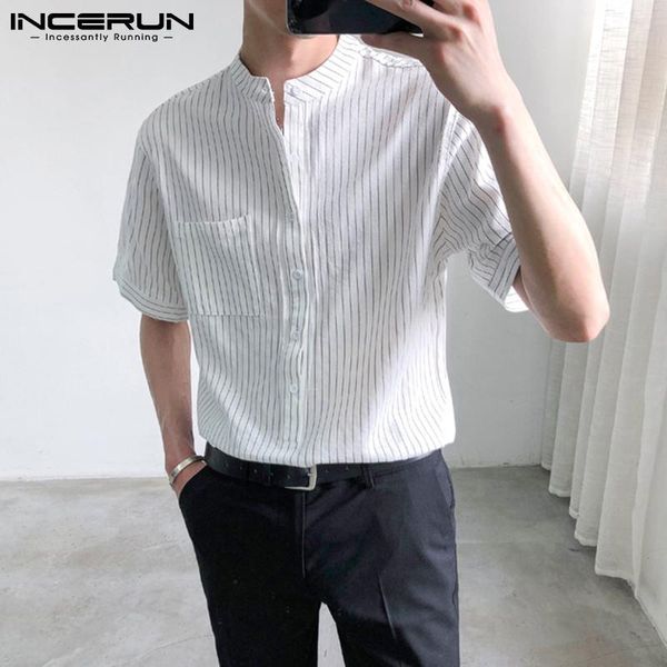 

summer striped men casual shirt stand collar short sleeve button pockets blouse streetwear 2021 camisas harajuku incerun men's shirts, White;black