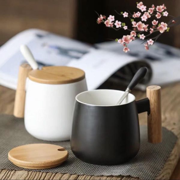 

mugs wooden lid handle ceramic cups coffee large capacity mug with spoon tea cup home decor office drinkware taza